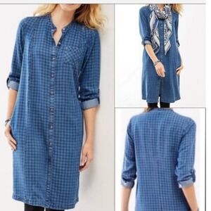 J. Jill Denim Tunic Dress Womens XL Blue Checkered Lyocell Button Front Roll Tab